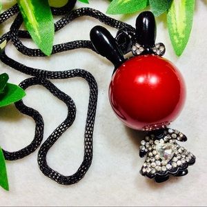 Summer Fun Whimsical Jeweled Red Pearl Bunny Head 28” Long T-Shirt Necklace NWT